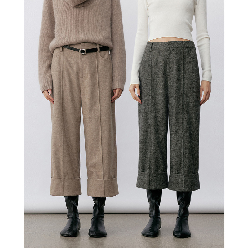 Vintage-Style Flared Straight-Leg Cropped Pants for Women, Winter Versatile Slim-Fit Wool Suit Pants