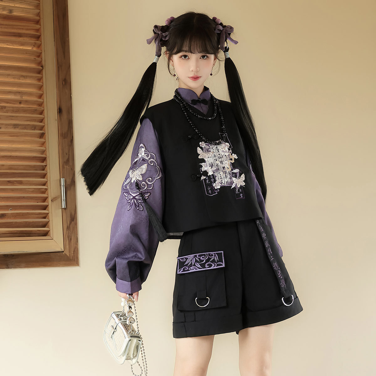 2026 Yimengge Original Ink-Inspired National Style Han Elements Women's Necklace Top Vest Shorts Set 9727