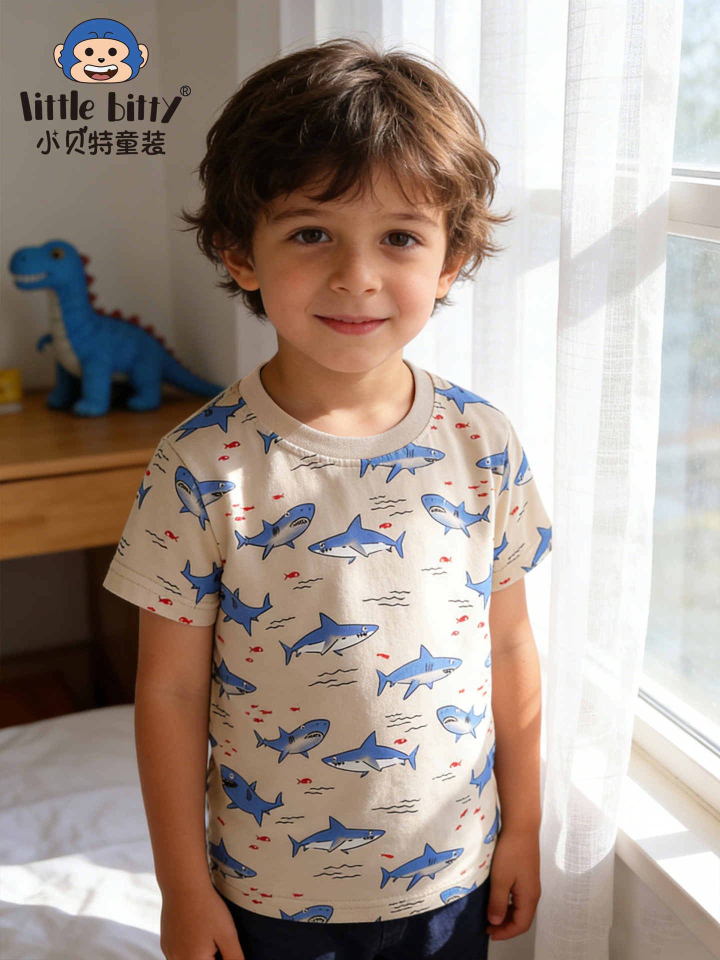 Cross-Border Children's Clothing 26 Years Spring/Summer New Children's Short-Sleeve T-Shirt with Cartoon Shark Print, Fashionable Round-Neck Top Clothing