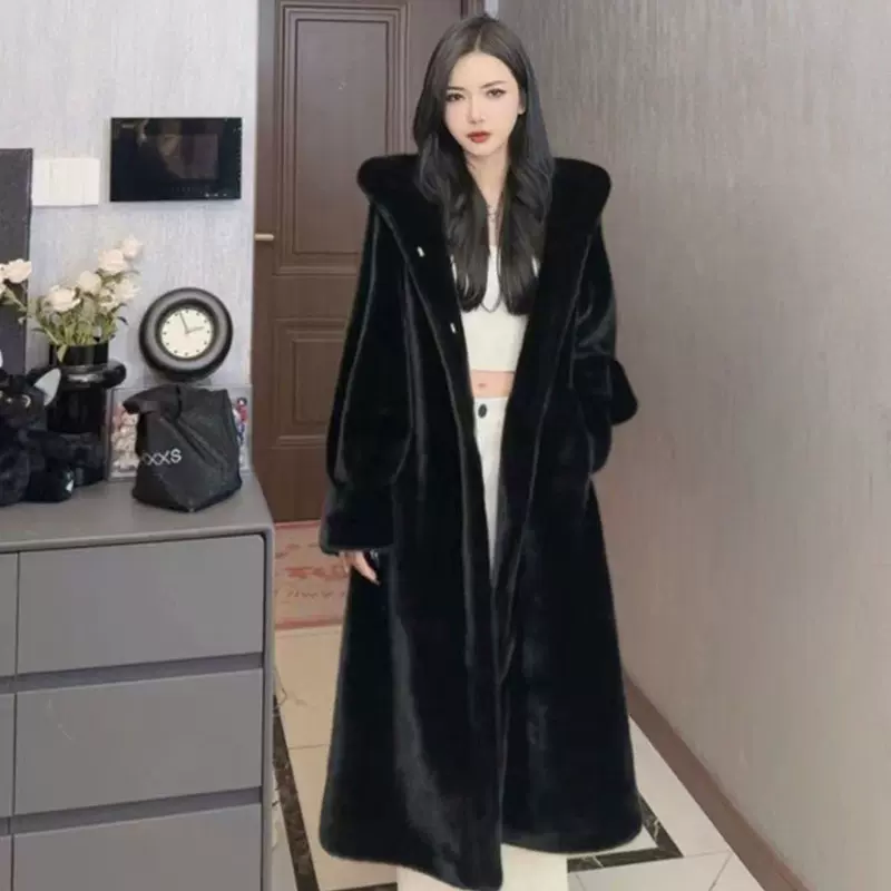 跨境供应加长款仿皮草貂皮大衣加厚秋冬过膝宽松连帽毛毛貂绒外套