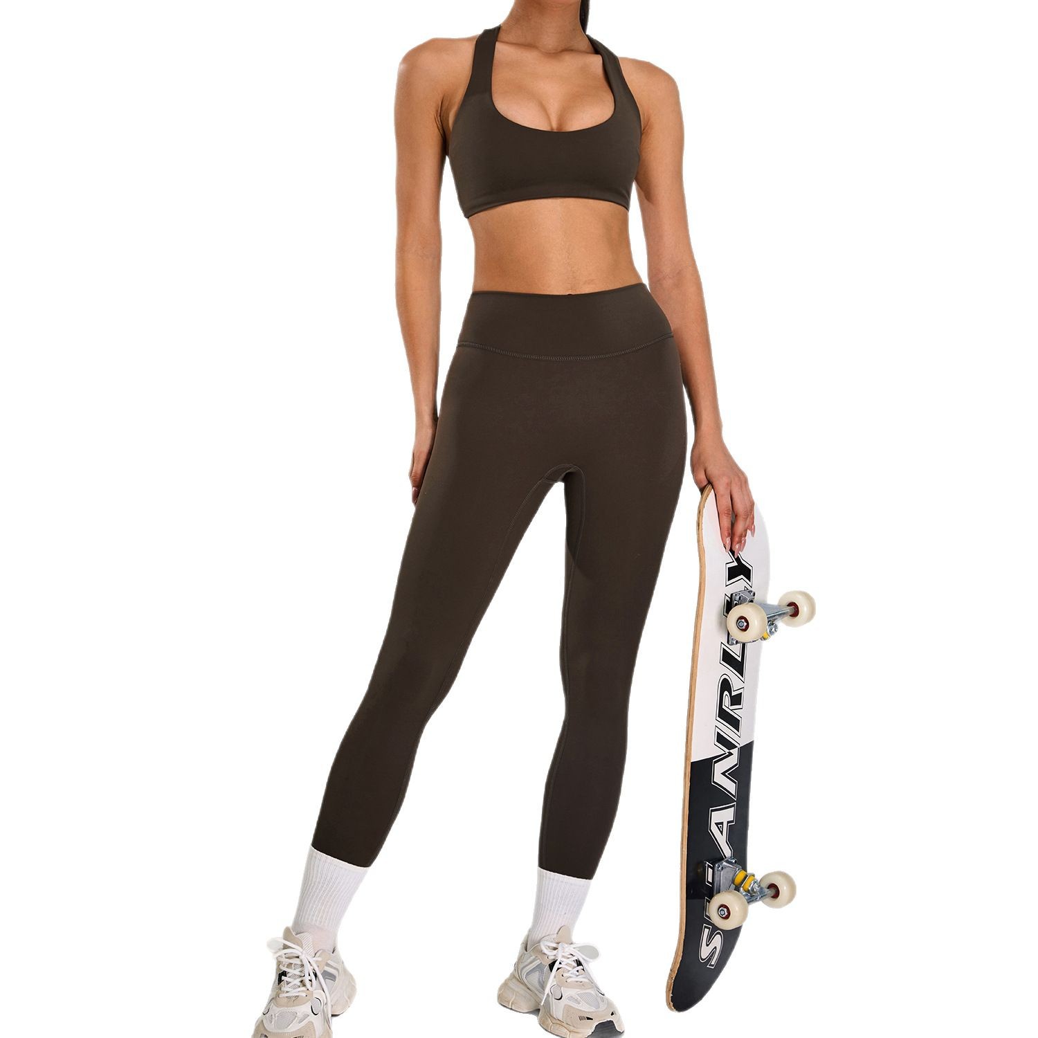 Traje deportivo de alta intensidad europeo y americano, correr al aire libre, ropa de fitness desnuda, cintura alta delgada, ropa de yoga de cinco piezas