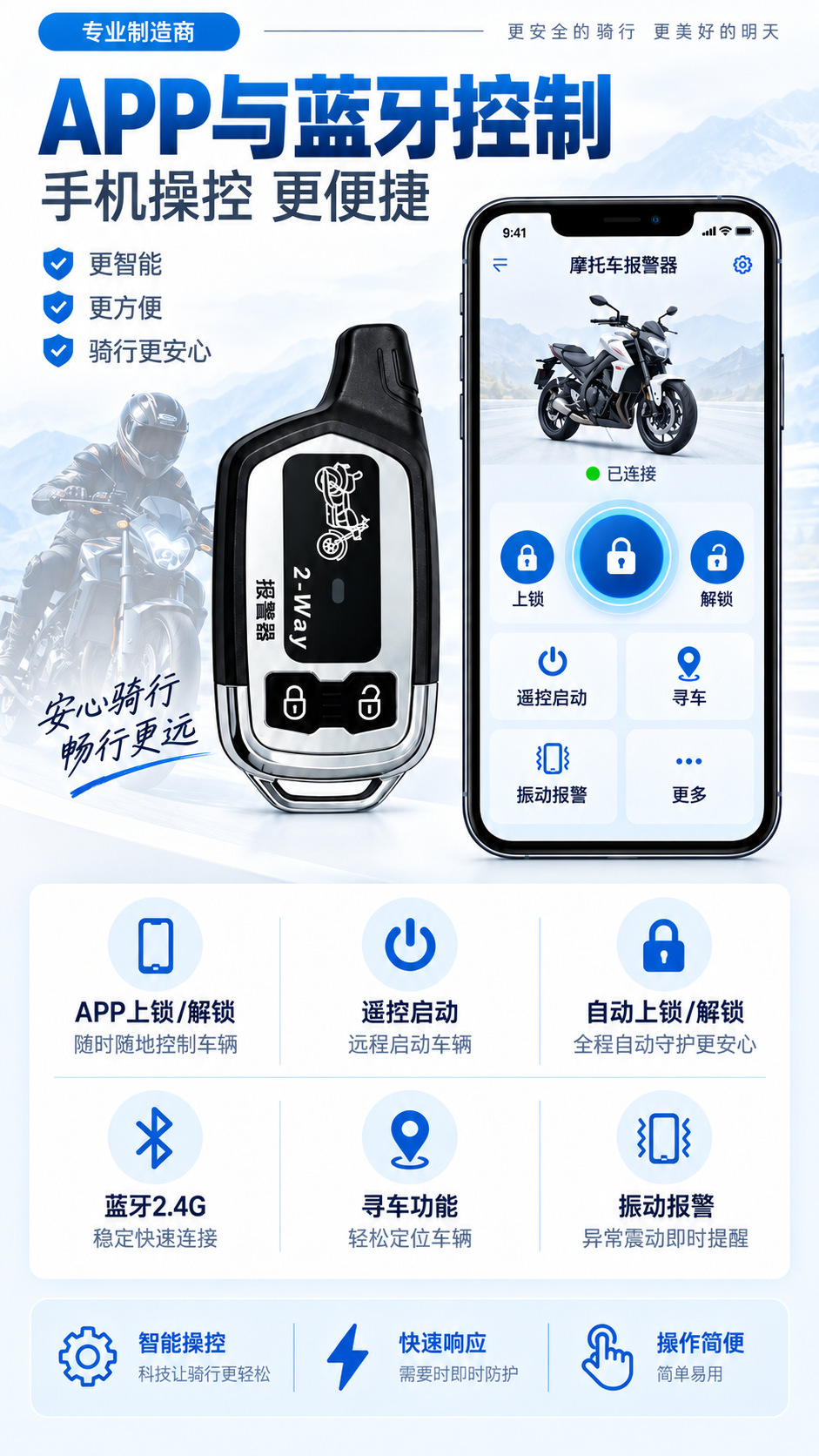 Motorcycle anti-theft alarm, two-way remote control security system, alarm horn, complete motorcycle accessory set