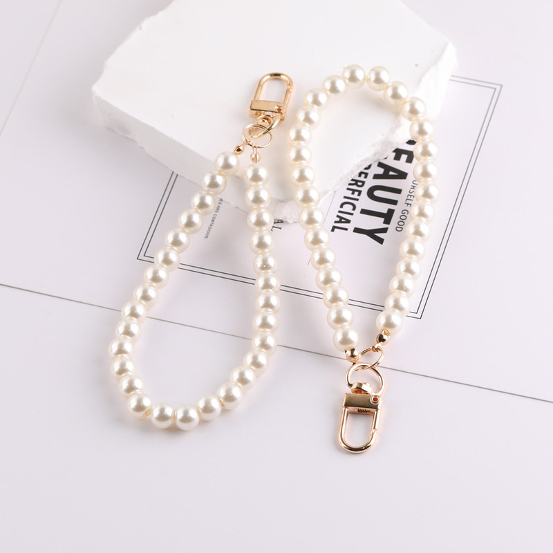 Korean-style lengthened pearl double-loop glass hand-held chain diy handmade homemade mobile phone chain plush doll hanging chain accessories