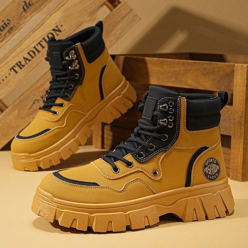 2025 nuevos zapatos de hombre primavera y otoño botas de suela gruesa Martin zapatos de trabajo de moda versátil aumento de altura botas amarillas de moda para hombres
