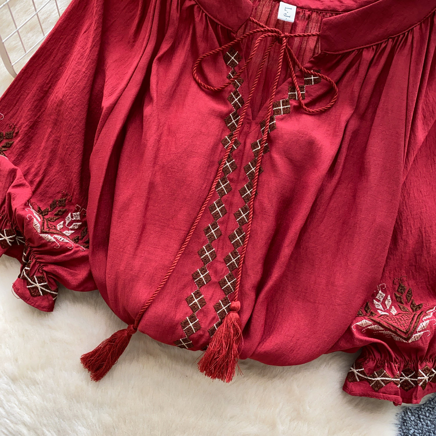 Elegant French Style Blouse for Women Red Embroidered Puff Sleeve Loose Fit Tie Waist Babydoll Top Spring Fashion_ecoleips.com