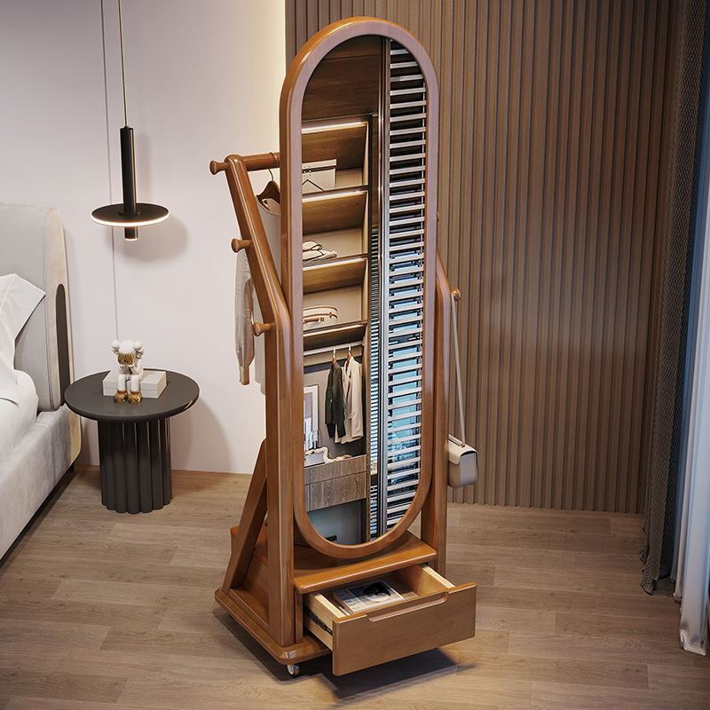 Solid Wood Household Reinforced Coat Rack Mobile Bedroom Mirror Clothes Rack Fitting Floor-Standing Storage Rack Dressing Mirror Combination