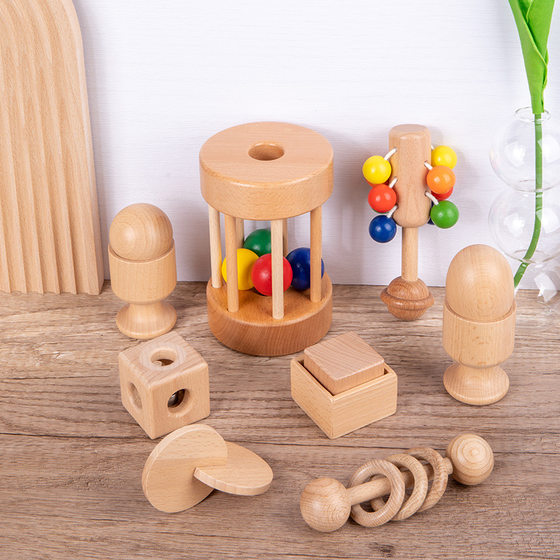 Infant Montessori Early Education Toy Baby Can Bite Wooden Hand Rattle to Soothe Grasping Educational Toy