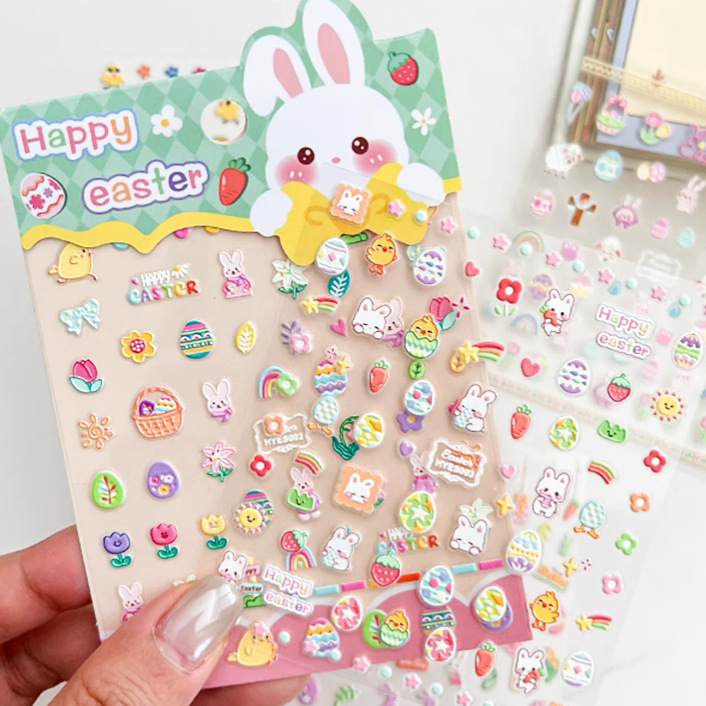 New Easter Cute Bunny 5D Nail Stickers Luminous Embossed Flowers Children's Cartoon Girl Nail Art Stickers