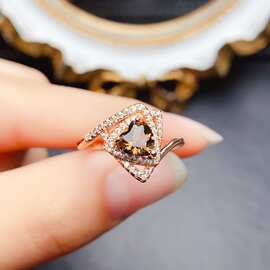 新款天然茶水晶戒指S925银镶嵌主石6*6mm百搭网红爆款女饰批发