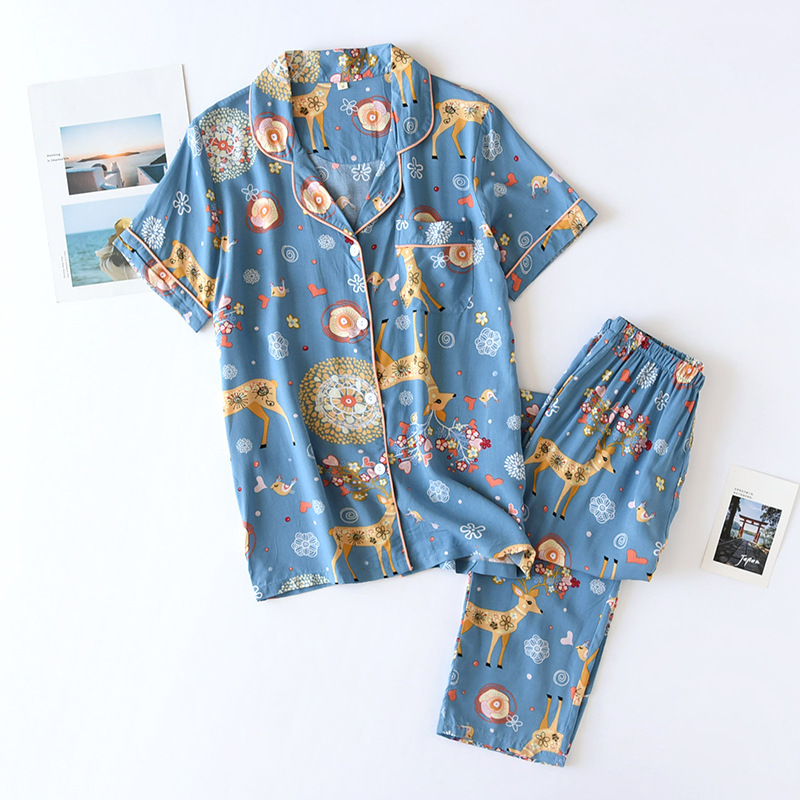 LJブルー鹿-コットン半袖長ズボン