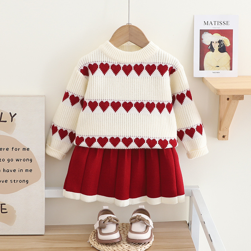 Girls' Sweater Western Love Jacquard Knitted Two Piece Set Autumn/Winter New Girl Korean Edition Pullover Skirt_voghion.com