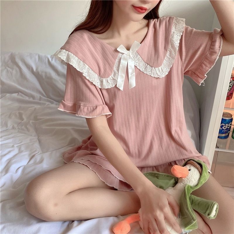 Pajamas for Women Summer Sweet Short-Sleeved Shorts Two-Piece Suit Princess Style Thin Doll Collar Fresh Internet Celebrity Home Clothes
