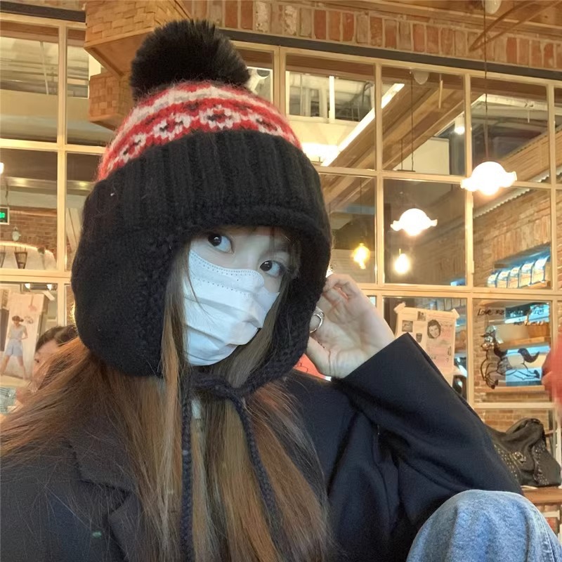 フェア島風毛糸帽子女子秋冬レトロ百合大頭囲保温ニット帽子顔小耳保護帽子