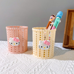 塑料仿藤筆筒ins高顏值可愛卡通辦公室桌面收納圓形收納筒批發