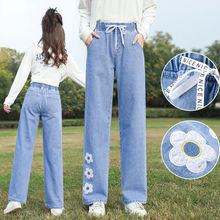 春秋宽松少女直筒韩版阔腿裤初高中学生松紧腰休闲大童牛仔裤长女
