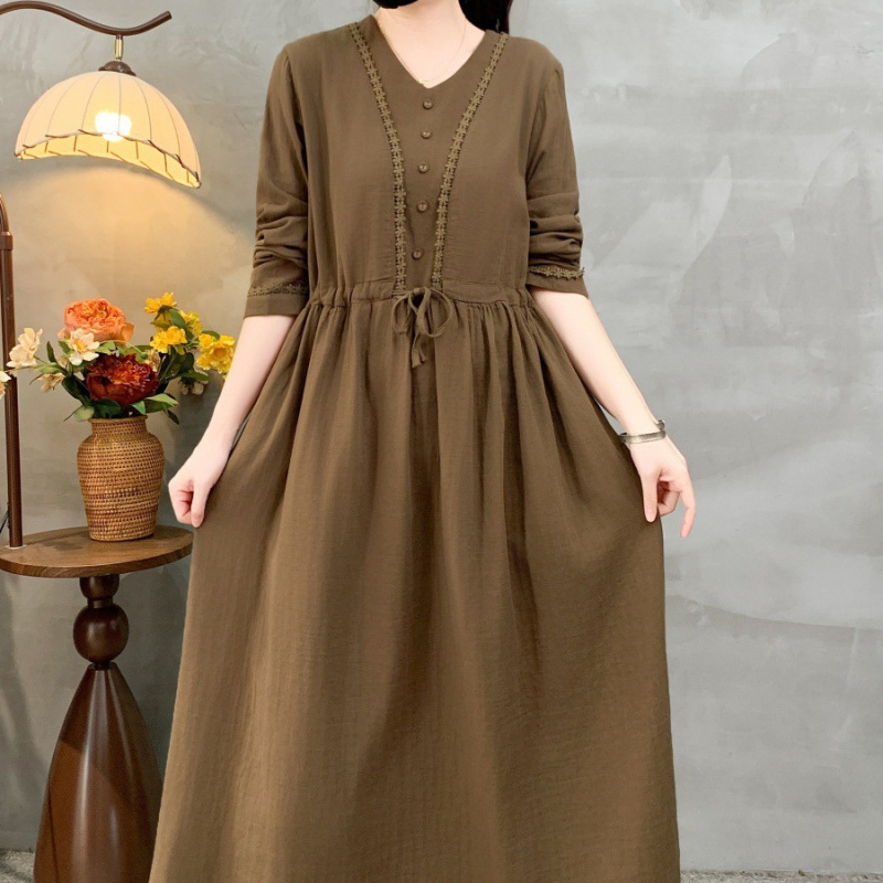 2026 Spring Cotton Blend Long Sleeve Women's Robe, Artistic Solid Color Extended Length Cotton Gauze Dress