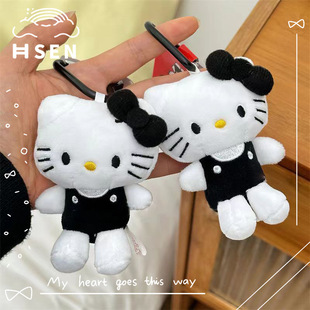 Anime Hello Kitty Black and White Kt Cat Keychain Girls Plush Doll Schoolbag Pendant Bag Accessories Cute Pendant