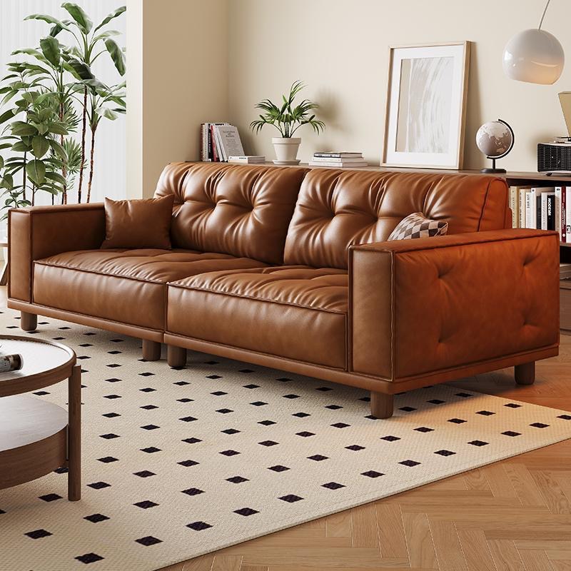 Genuine Leather Sofa, Retro Style Living Room, Medium-Sized Antique Style Straight Caramel Color Oil Wax Cowhide Tofu Block Sofa