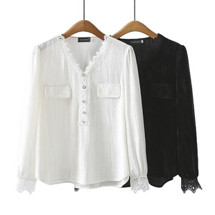 plus size Women's Korean Style Temperament Gold Velvet Lace Stitching Base Shirt Flesh Covering Slim Foreign Style Top 482509
