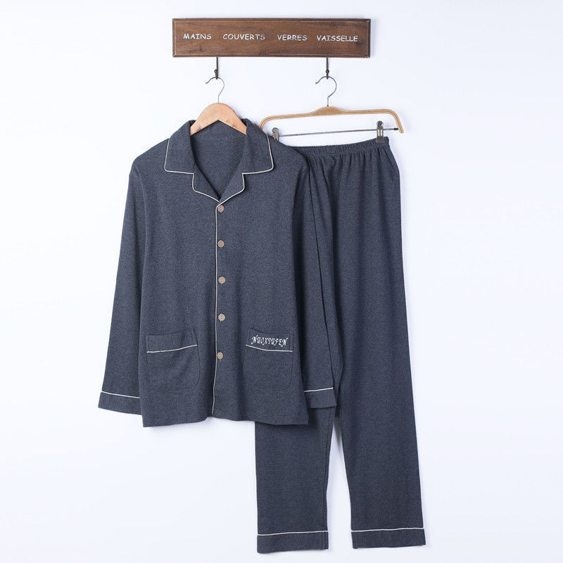 100% pijamas de algodón de primavera y otoño de los hombres de manga larga joven y de mediana edad Otoño e Invierno flojo cardigan traje de desgaste para el hogar