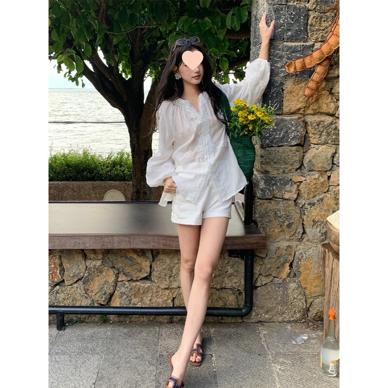 Super Stylish Summer Outfit: Hollow-Out Lace Long-Sleeve Shirt Top and High-Waisted Casual Shorts Set Super Stylish Summer Outfit: Hollow-Out Lace Long-Sleeve Shirt Top and High-Waisted Casual Shorts Set