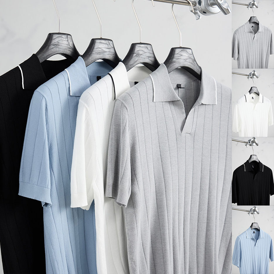 Polo camiseta de punto camiseta de manga corta camiseta hombre gaviota cuello V rayas viejas líneas de hielo de viento de verano fábrica transfronteriza mayorista