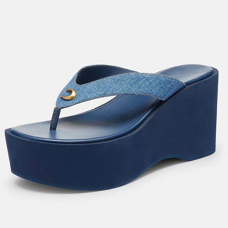 European and American Foreign Trade Platform Sandals, Thong High Heels, Denim Slippers, Large Size, Small Height-Increasing Women's Slippers