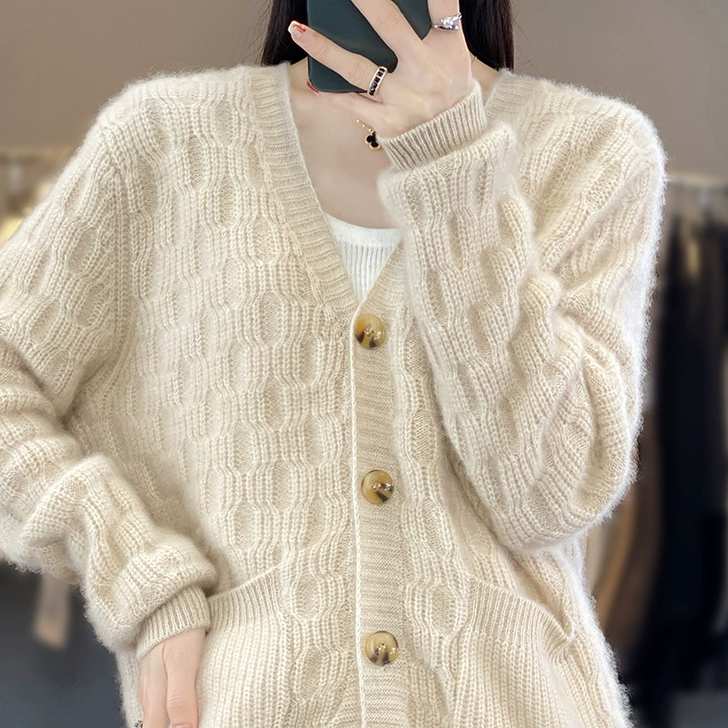 Demi-season sweater, jacket, knitted woolen cardigan, loose fit, V-neckline, plus size