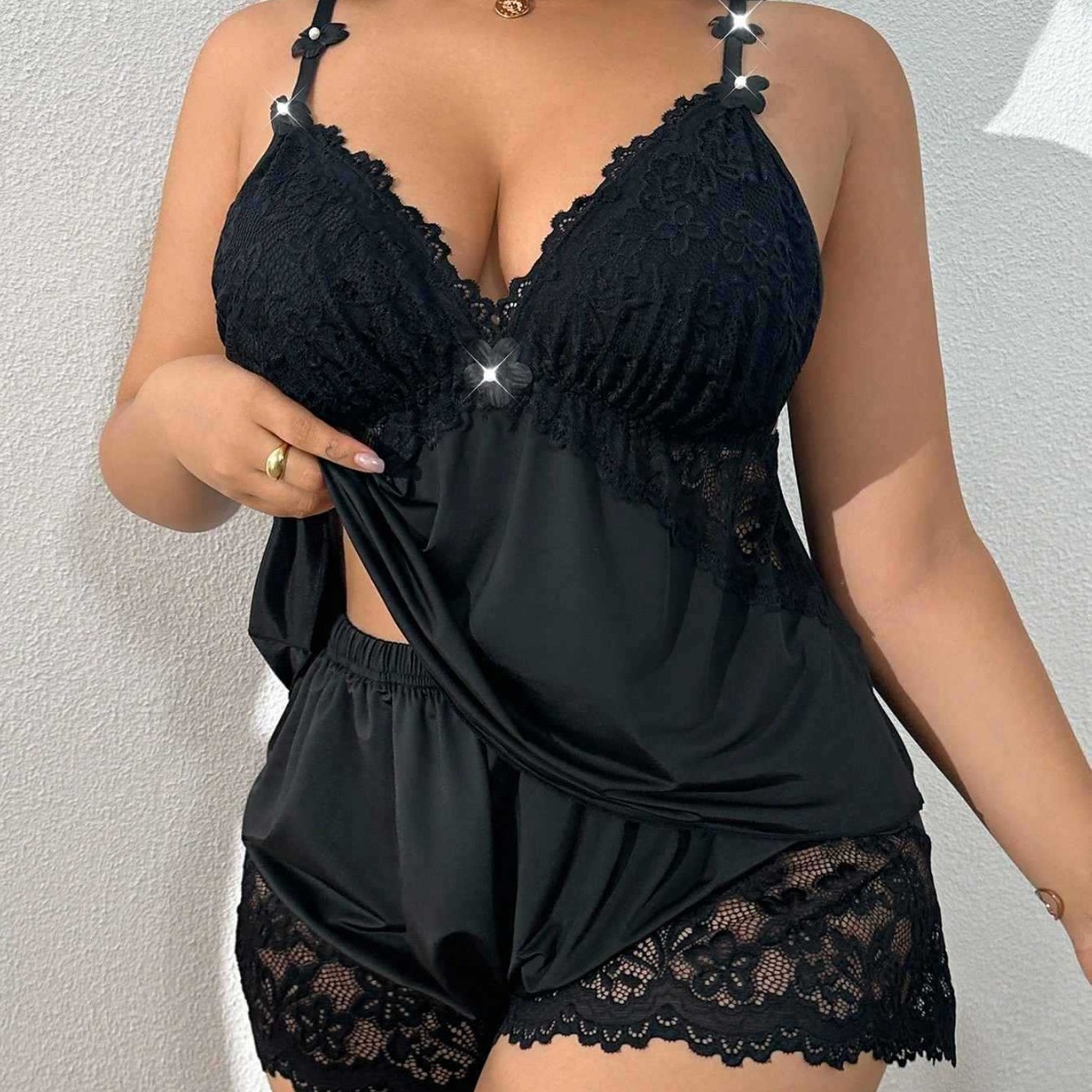 Cross-Border Foreign Trade Summer Large Size Suspender Lace Pajamas Two-Piece Set Sexy Ice Silk Shorts Suit Pure Desire Home Clothes