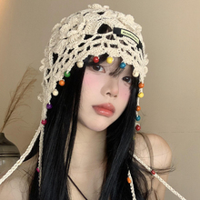 新款波西米亚花朵流苏编织包头帽女镂空民族风套头帽手工针织帽子