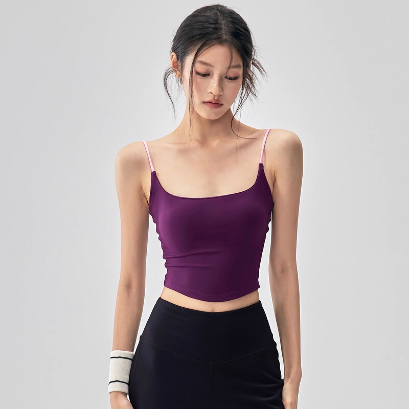 瑜伽文胸一体式短款固定杯运动内衣女跑步健身防震吊带撞色背心|undefined