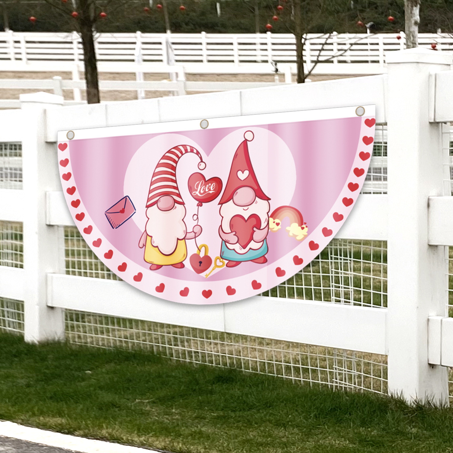 Transfronterizo nuevo día de San Valentín fan bandera aniversario de boda decoraciones al aire libre creativo impreso dibujos animados semicírculo bandera