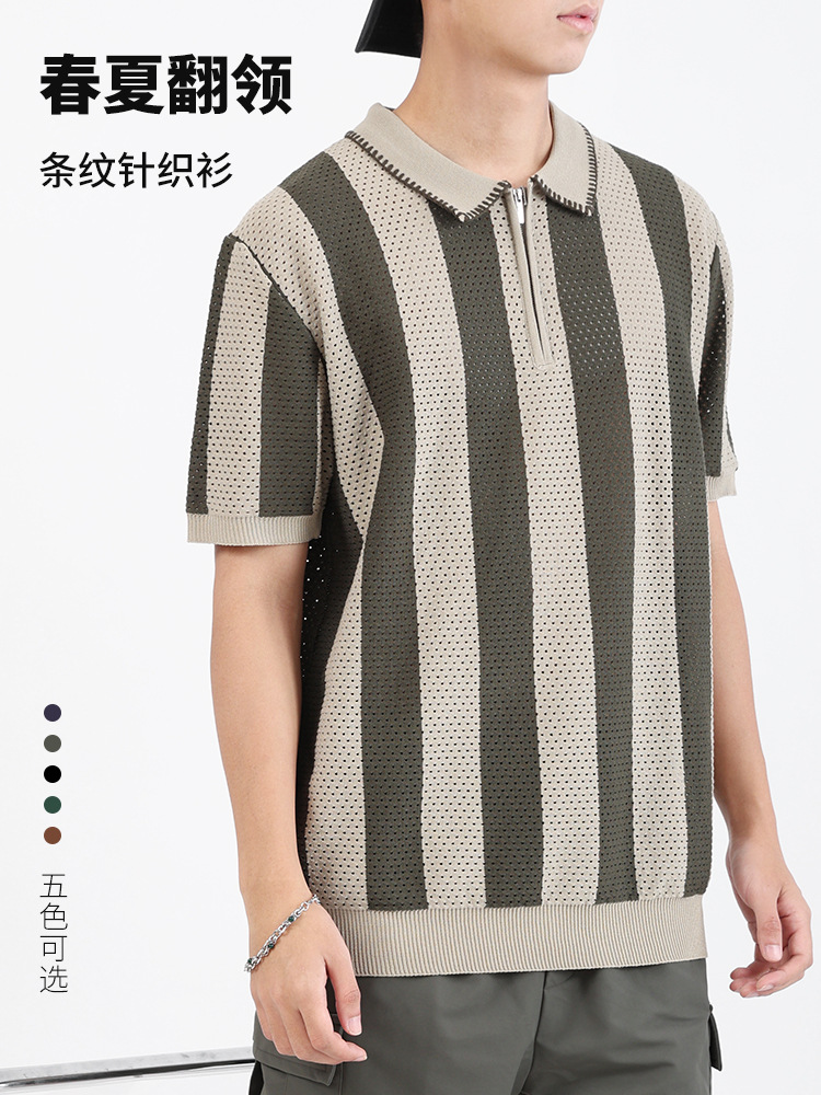 2025 verano delgado de seda de hielo a rayas de secado rápido polo transpirable camiseta de Paul de manga corta de alta gama para hombres