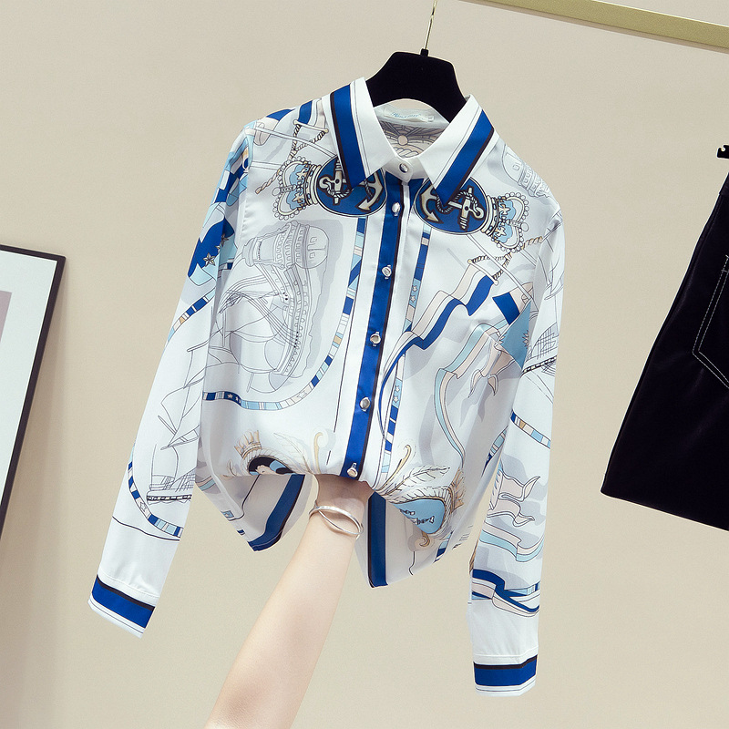 Women's Clothing 2024 early autumn real shot interesting printed chiffon shirt polo collar long sleeved floral commuter shirt women's tops_voghion.com