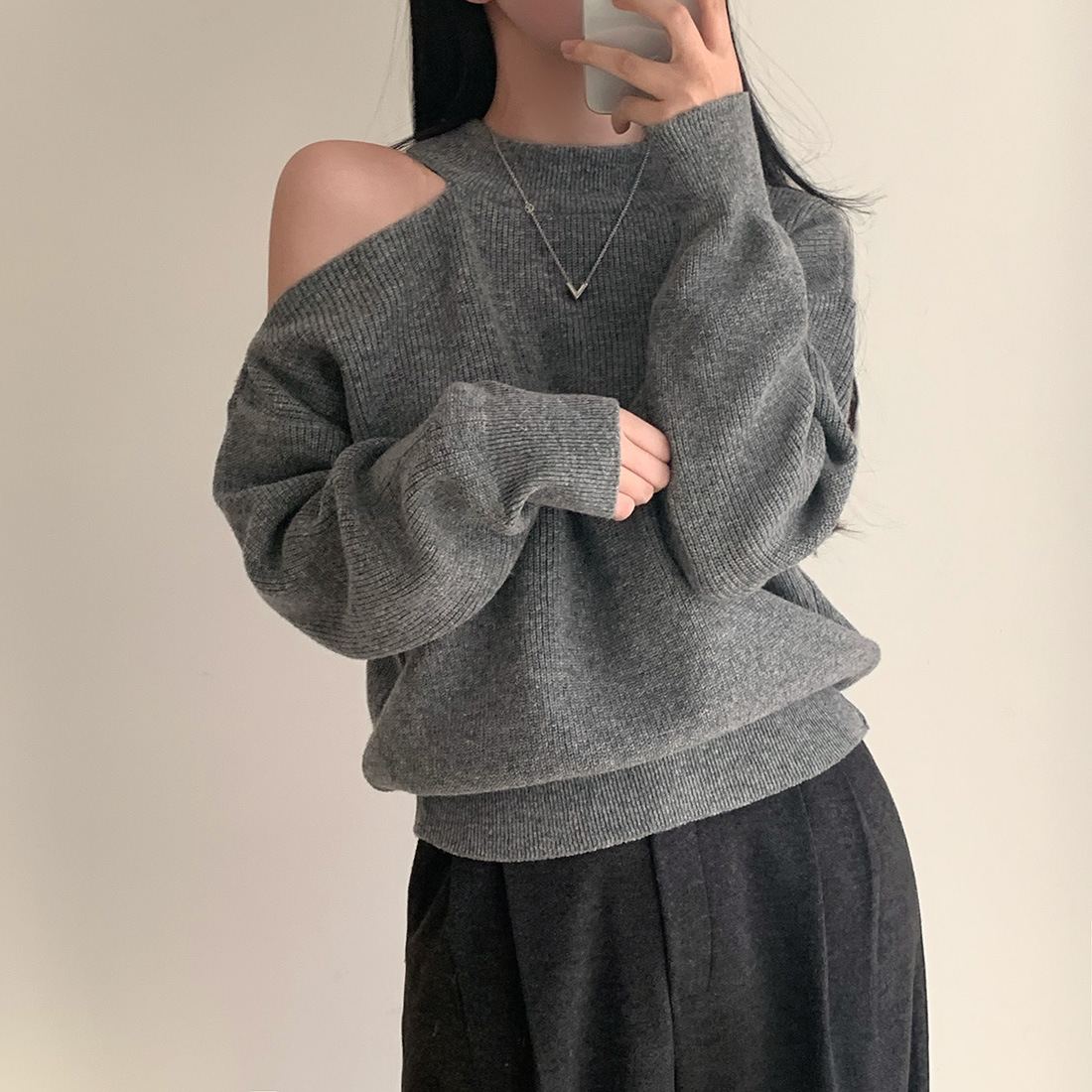 Retro Crew Neck Hollow Out Shoulder-baring Loose Sweater