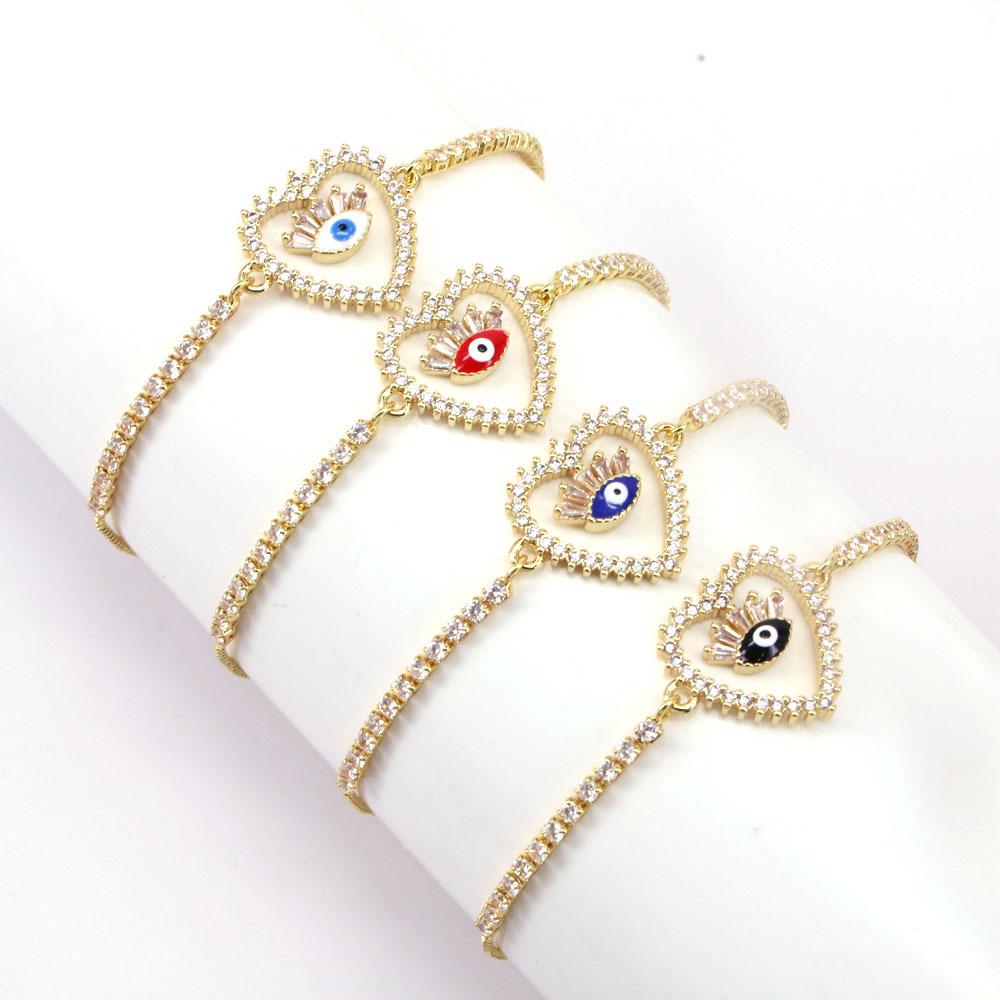 Mode En Forme De Coeur De Cuivre 18k Or-plaqué Micro Incrusté Zircon Evil Eye Bracelet display picture 1