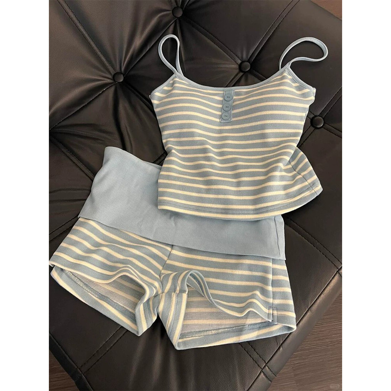 Sexy and alluring women's summer pajamas, cross-border striped camisole shorts set with chest pads, home wear suitable for outerwear Sexy and alluring women's summer pajamas, cross-border striped camisole shorts set with chest pads, home wear suitable for outerwear