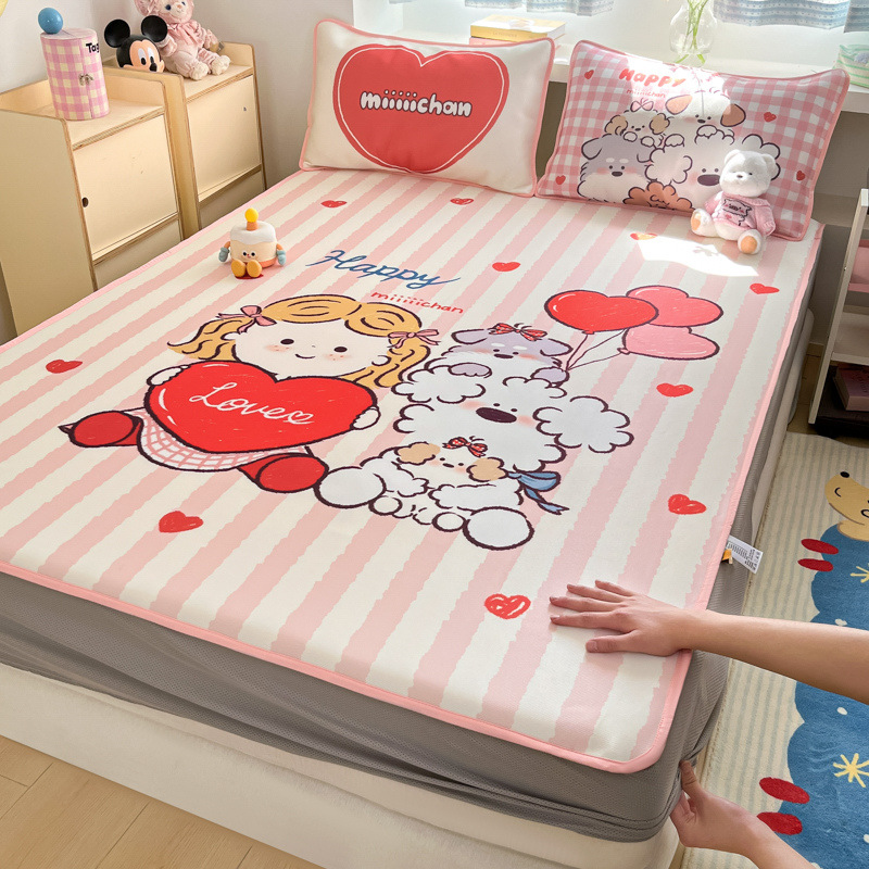 Sombrilla de cama de seda de hielo de verano, cubierta protectora de colchón para niños todo incluido, dormitorio, cubierta de cama individual, juego de tres piezas