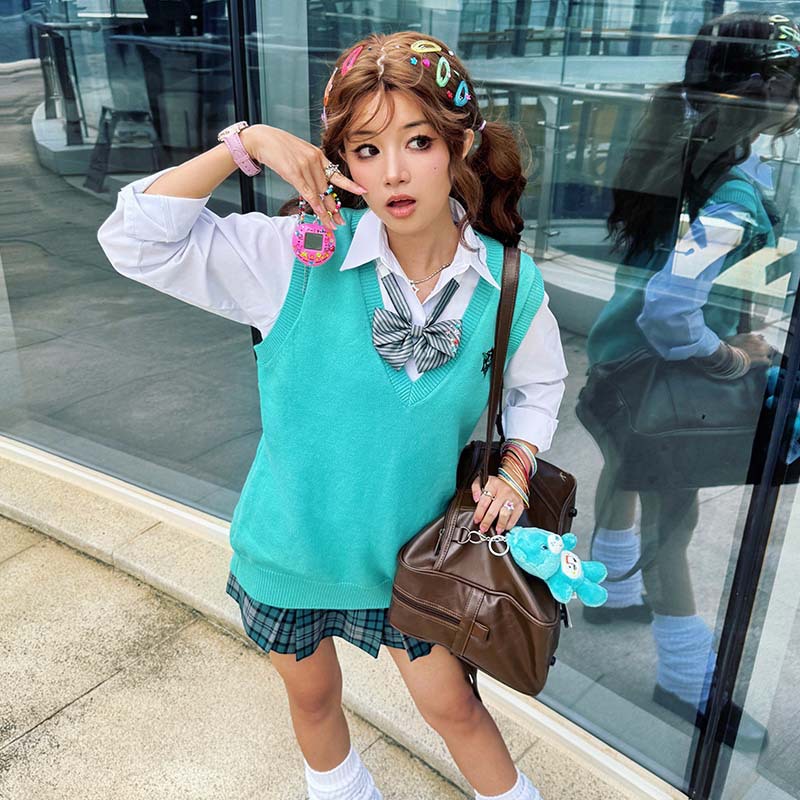(2개) JK 유니폼 니트 조끼 녹색 조끼 가을 겨울 스타일 레이어드 학교 스타일 대학 스타일