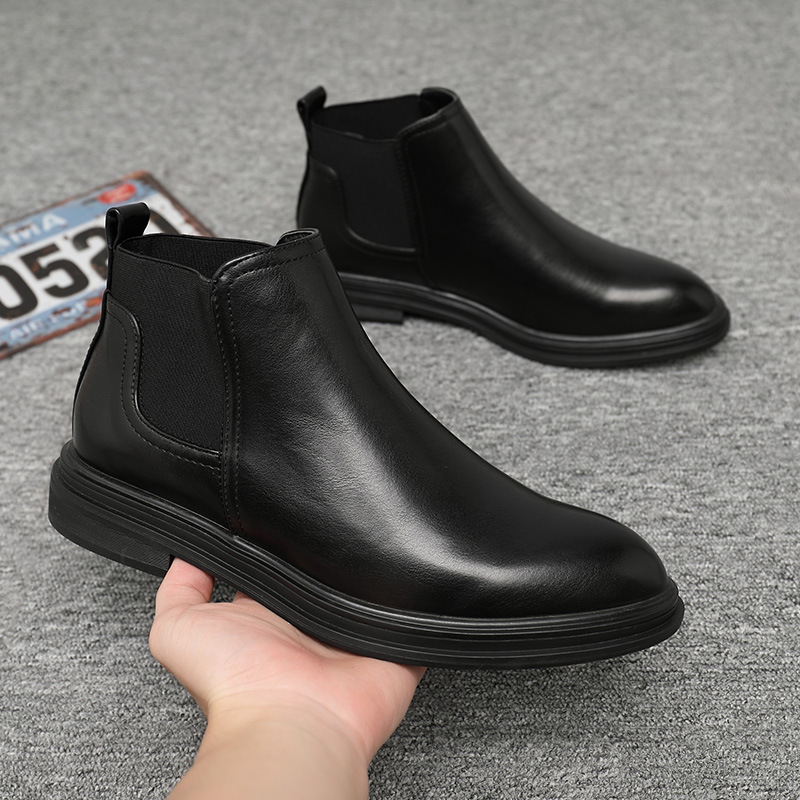 Chelsea Boots Autumn High-top Cotton-padded Shoes Thick-soled Ankle Boots Men's Black Leather Boots Inner-height Soft Leather Biker Boots