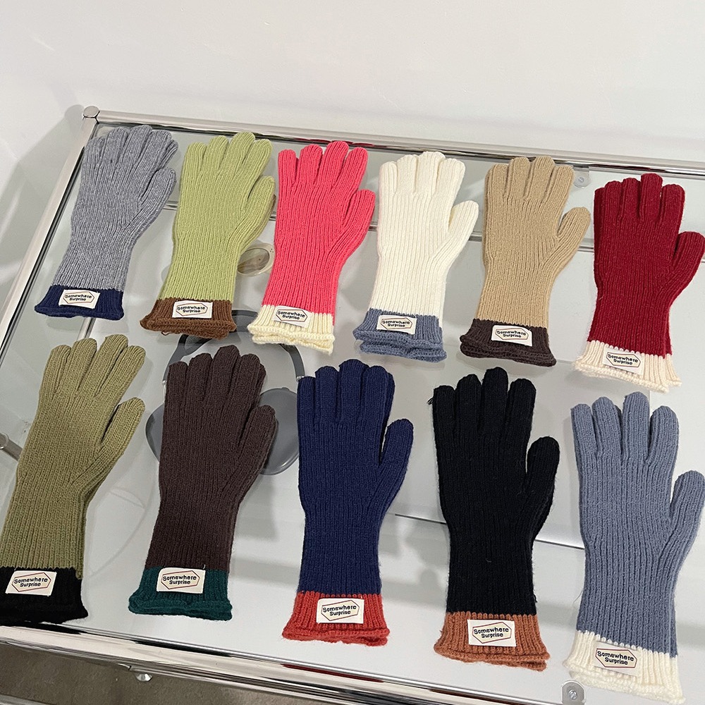 韓國冬季拼色分指保暖毛線針織手套可露指可觸屏情侶學生通用禮物