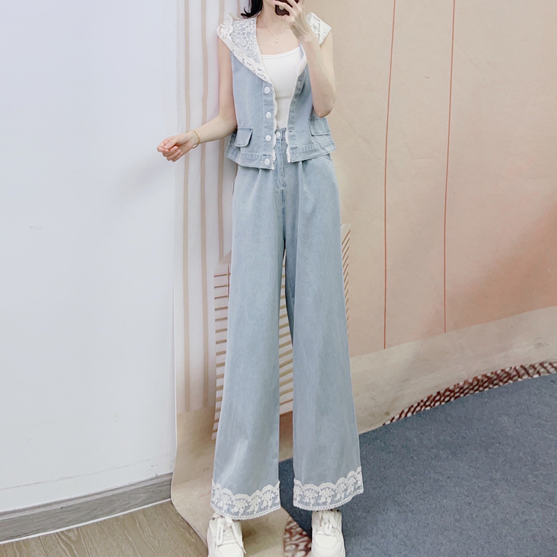 2025 Spring and Summer Lace Cap Vest Denim Top Casual Straight Wide Leg Pants Two-Piece Set Pants 38