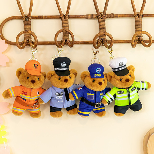 Manufacturer wholesale bear police traffic police blue sky rescue pendant plush toy cute teddy bear promotional keychain