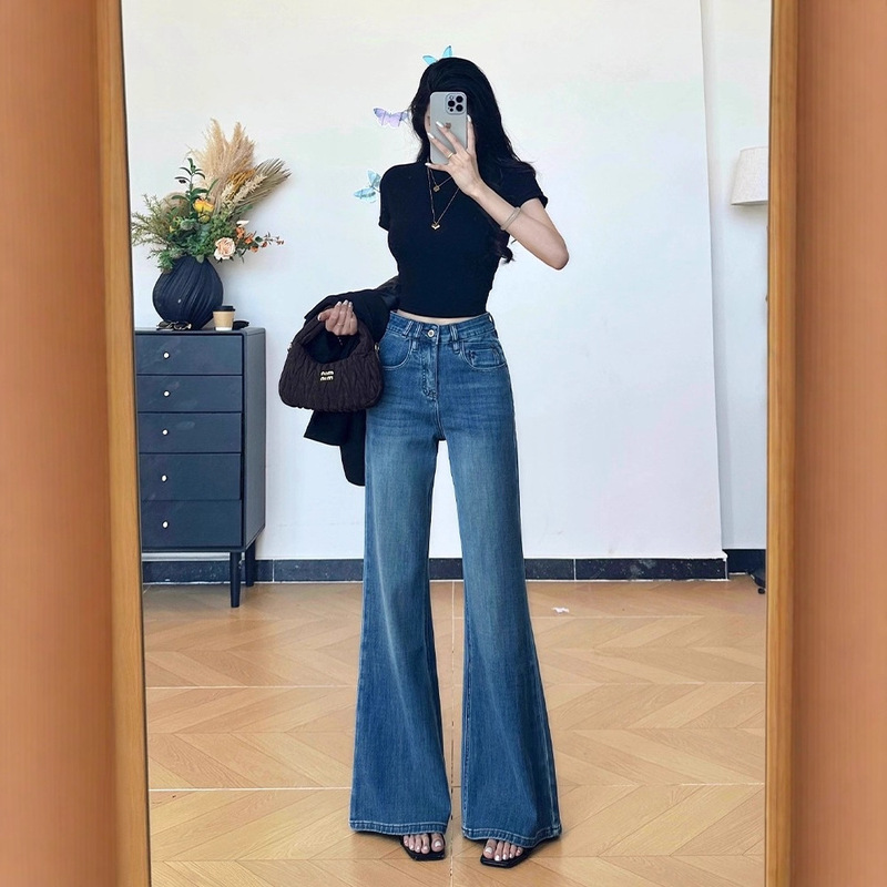 Sweet and Spicy High Street Versatile Blue Petite Flared Jeans for Women, Autumn 2025 New Loose Flared Long Pants