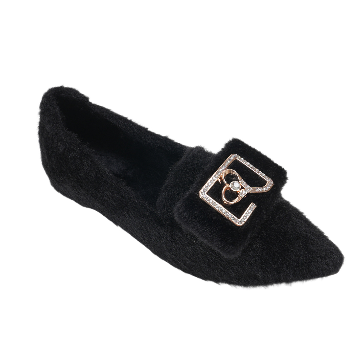 Hairy shoes for women in autumn and winter, pointed flat cotton shoes with soft soles and plush insulation, large plush single shoes for women 41-43