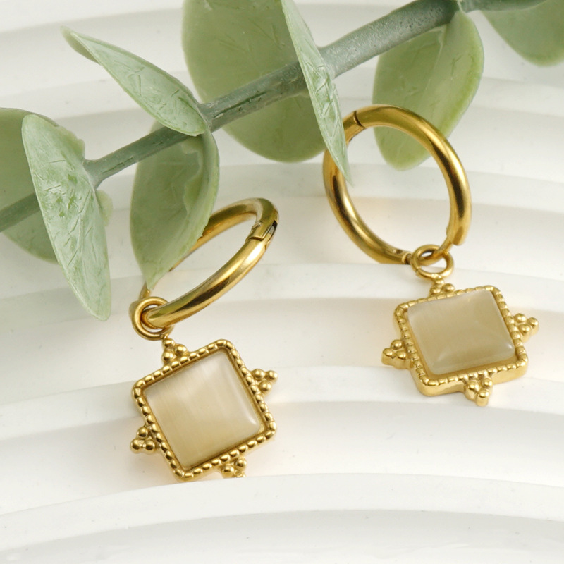 304 Stainless Steel Ear Needle Material 1 Pair Simple Style Square Plating Inlay Stainless Steel Cat's Eye Stone Drop Earrings