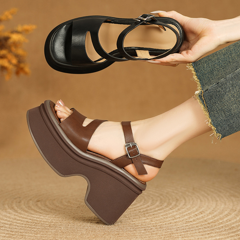 Sandal nữ đế xuồng 11cm quai ngang cổ điển hở mũi da thật — Màu vàng, Màu bạc