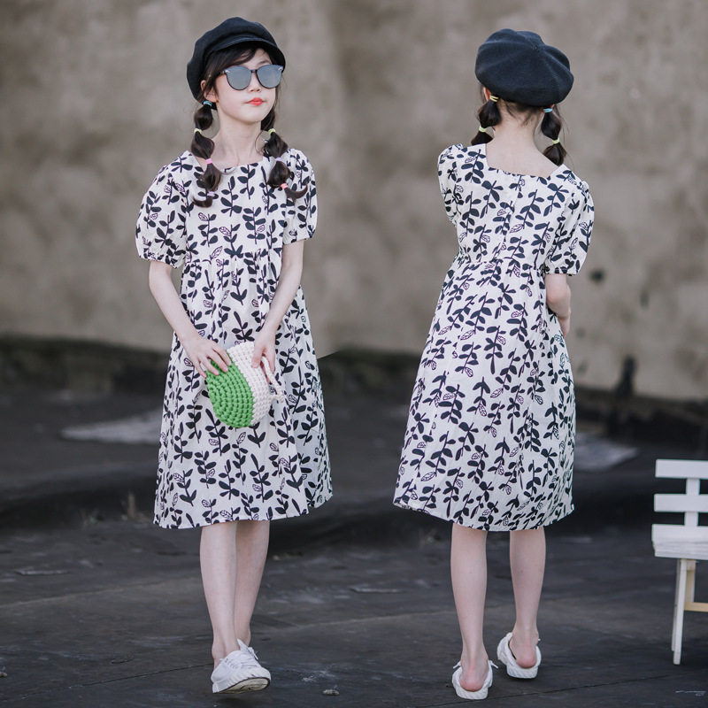 Faldas para niñas verano 2024 nuevo estilo vestido de algodón puro para niñas vestido largo francés de manga corta para vacaciones