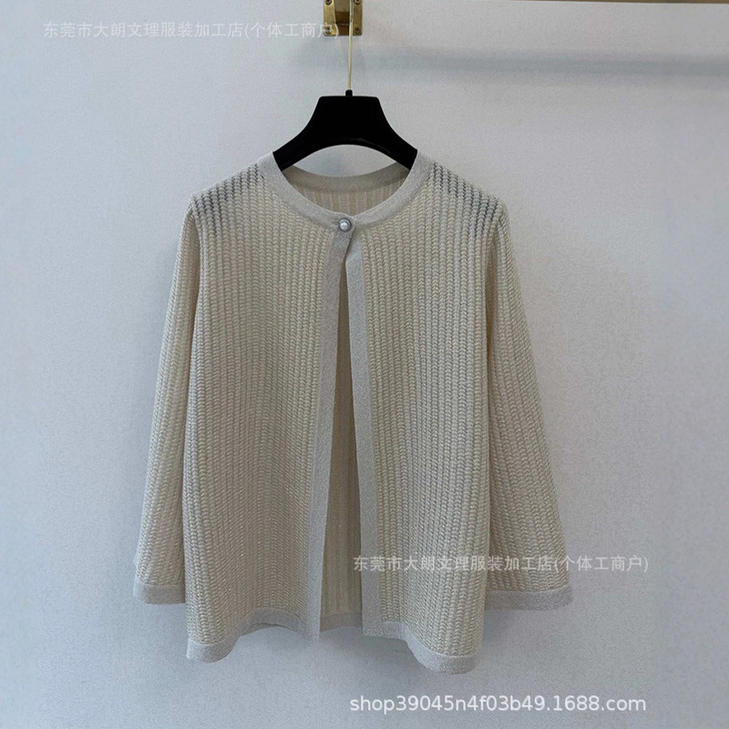 D t Italian Imported Shimmering Hollow Long-Sleeve Knit Top, Korean Style Round Neck Single-Button Cardigan for Women D t Italian Imported Shimmering Hollow Long-Sleeve Knit Top, Korean Style Round Neck Single-Button Cardigan for Women