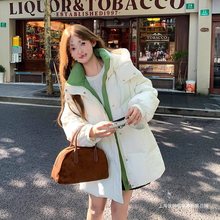中长款拼色棉服女2025年冬季新款撞色宽松加厚连帽小个子棉袄外套